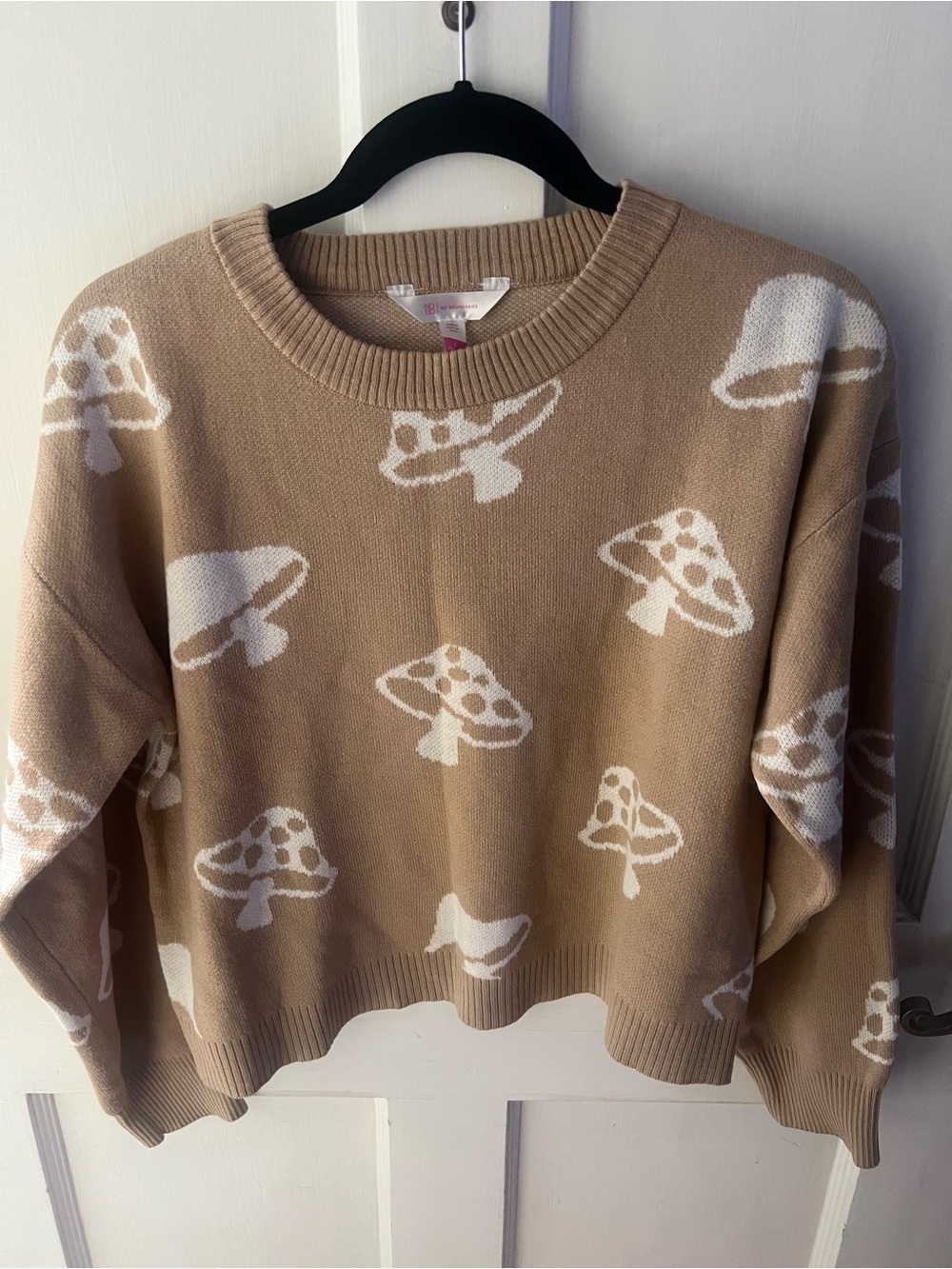 No Boundaries Beige Crewneck Sweater with White Mushroom Pattern